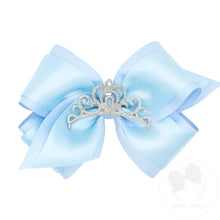  King Princess Grosgrain Hair Bow with Satin Overlay & Glitter Crown- Blue