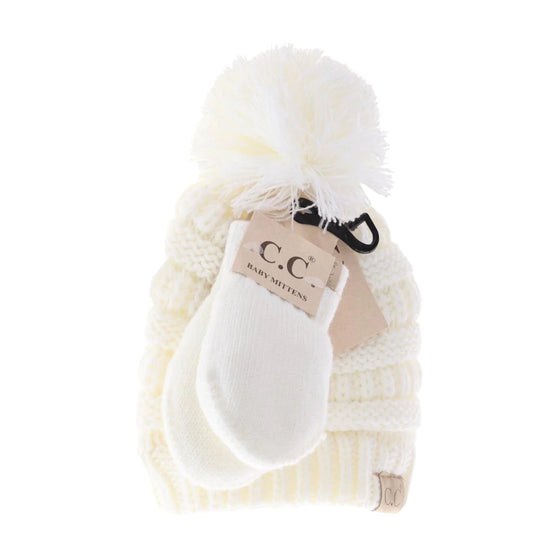 Baby Solid Knit Pom C.C. Beanie with Mitten Set-Ivory