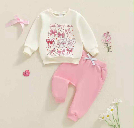 God Says I Am Girls Bow Jogger Set