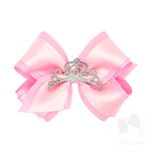  Medium Princess Grosgrain Hair Bow with Satin Overlay & Glitter Crown- Pearl