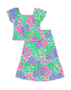 Toddlers 2 pc Skirt Set w/ Smocking Top: Green/ Pink Reef