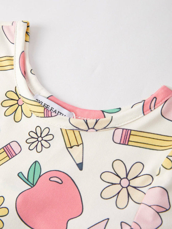 Back to School Apple, Pencil, and Floral Print Girls Dress