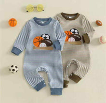  Striped Long Sleeved Embroidered Sports Romper Blue