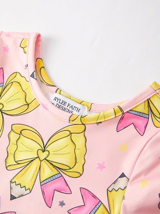 Back to School Yellow Bow Print Girls Dress