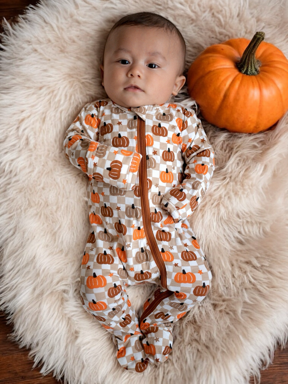 2-Way Zip Footie, Pumpkin Checkerboard