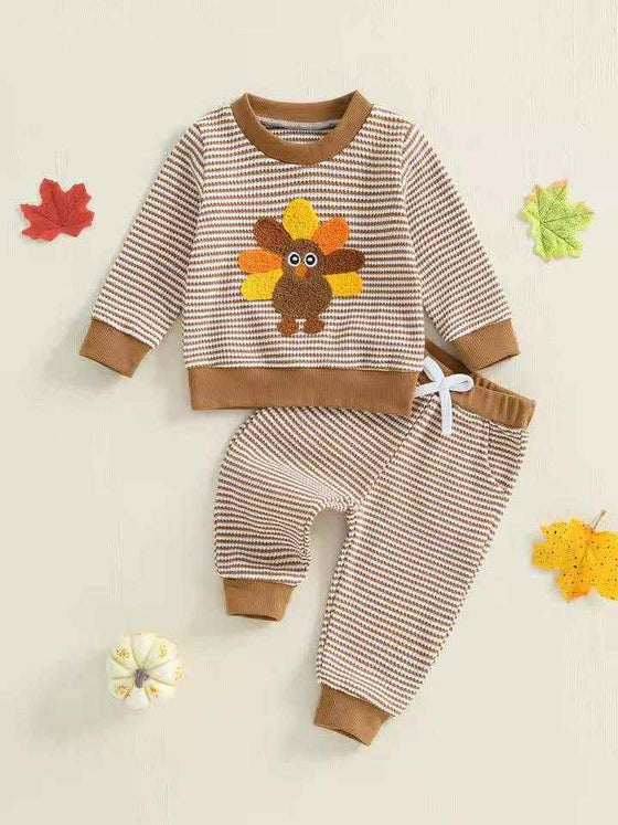 Embroidered Turkey Print 2-Piece Striped Lounge Set