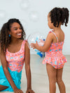 Coral Floral Peplum Smocked Bodice One Piece Swimsuit