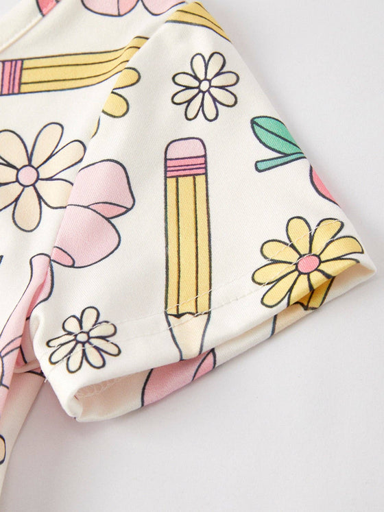 Back to School Apple, Pencil, and Floral Print Girls Dress