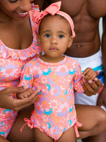  Coral Floral Long Sleeve One Piece Rash Guard Ruffles