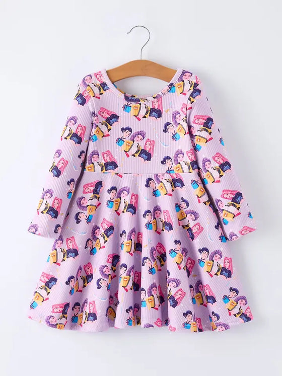 Girls Purple Characters Print Long Sleeve Twirl Dress