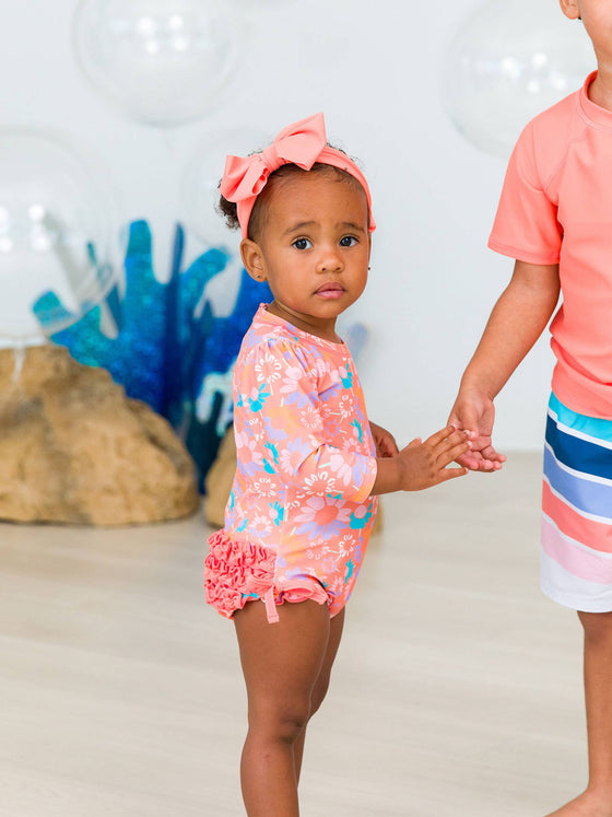 Coral Floral Long Sleeve One Piece Rash Guard Ruffles