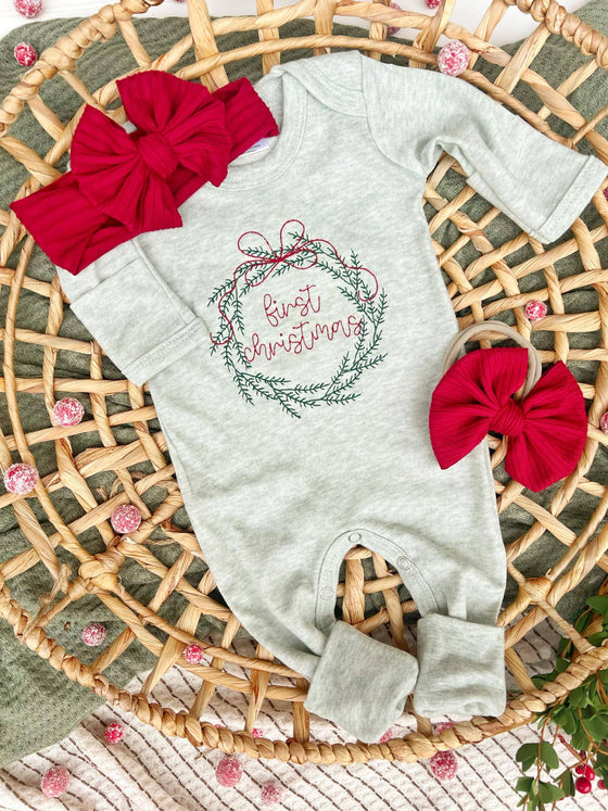 Sage Green First Christmas Wreath Outfit W/ Headband