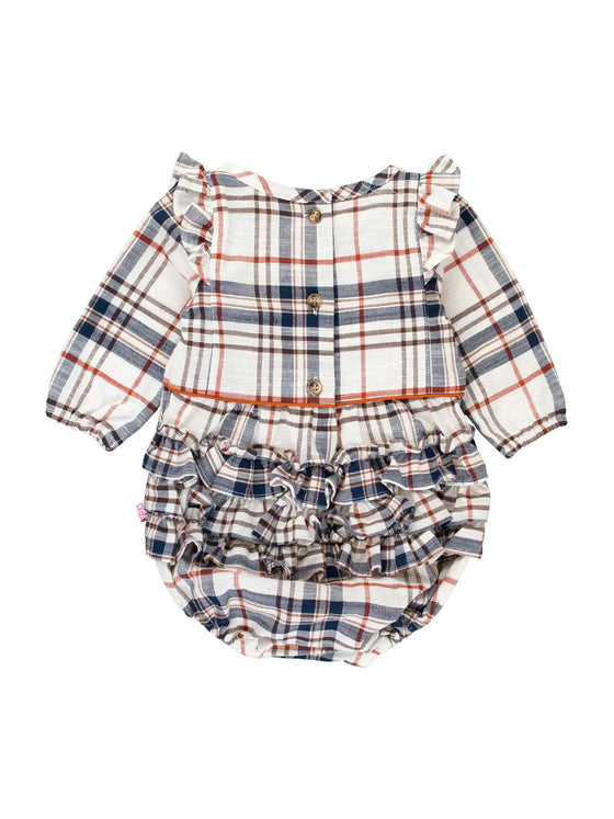 Homegrown Harvest Plaid Long Sleeve Ruffle Trim Bubble Romper