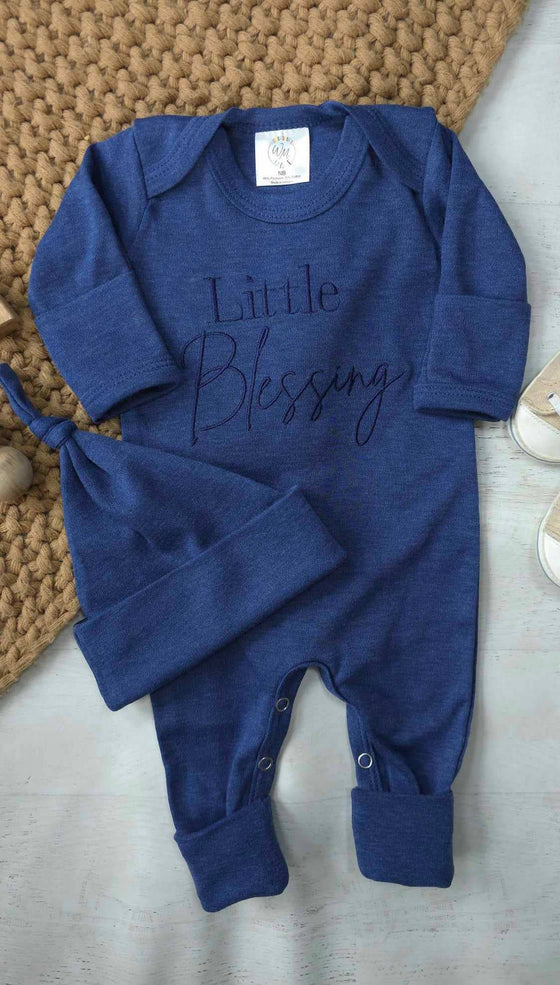 Little Blessing Blue Romper and Knotted Hat