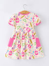 Back to School Print Girls Dress Short Sleeve Pocket