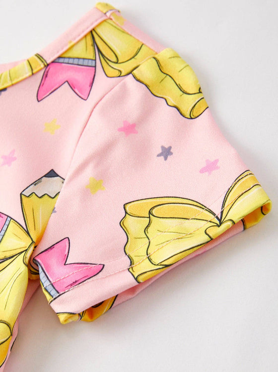 Back to School Yellow Bow Print Girls Dress