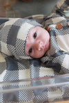 Big Check Bamboo Waffle Newborn Baby Knot Gown & Hat Set