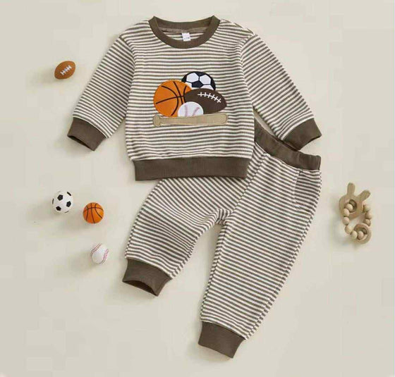 Striped Long Sleeved Embroidered Sports 2-Piece Brown Set