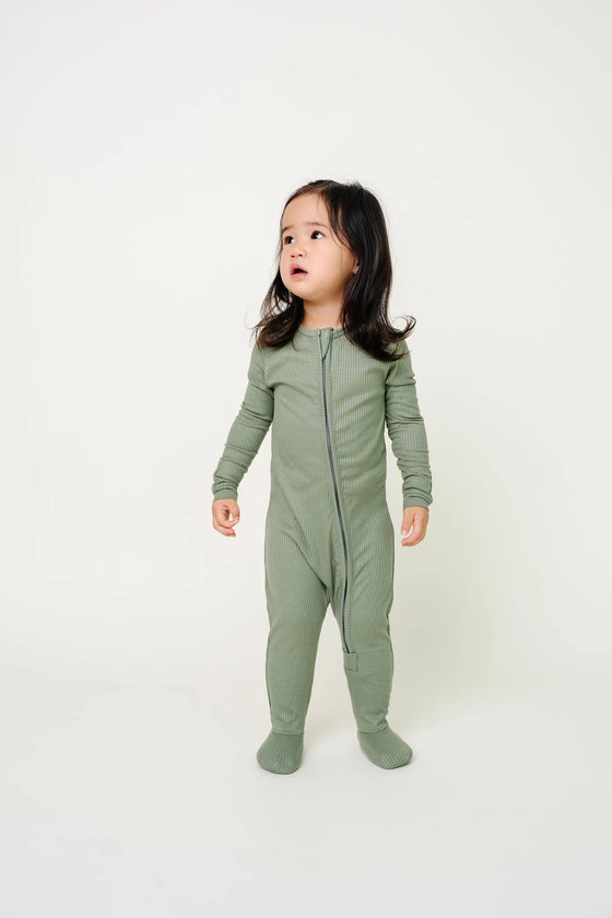 Rib Knit Zip-Up Footie Pajama- Clover