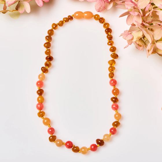 Baltic Amber + Gemstones Necklace Cognac + Aventurine + Coral