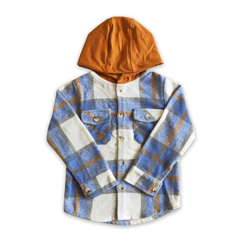 Blue Plaid Cotton Pocket Thick Flannel Button Up Hoodie