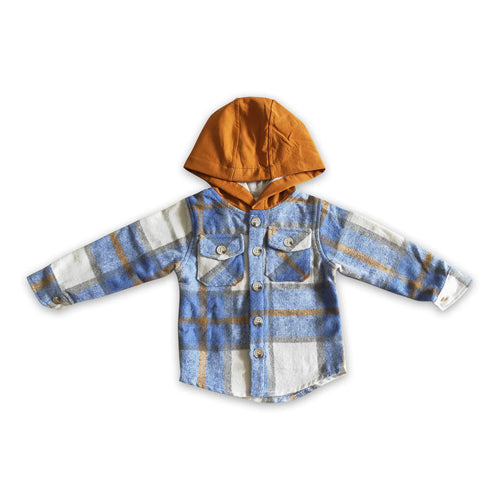 Blue Plaid Cotton Pocket Thick Flannel Button Up Hoodie