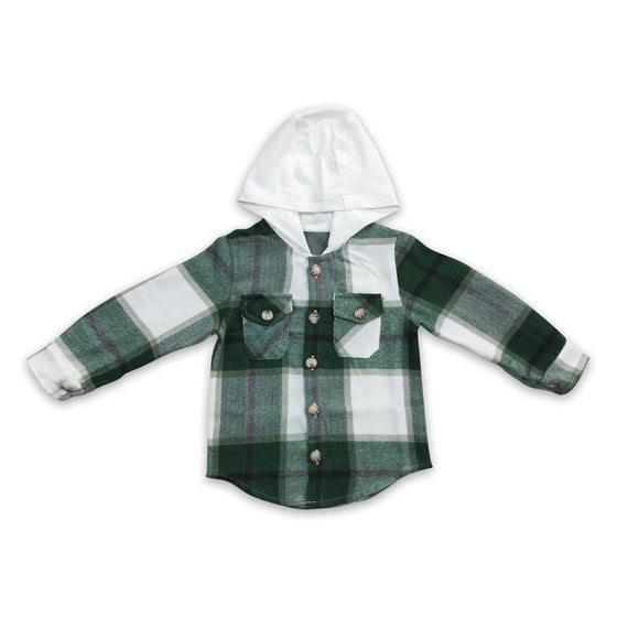 Green Plaid Shirt Pocket Flannel Button Up Hoodie