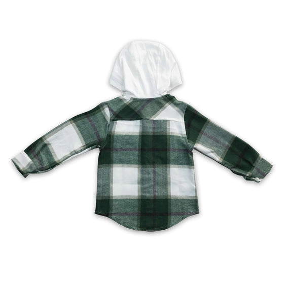 Green Plaid Shirt Pocket Flannel Button Up Hoodie