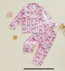  Pink Thick Bow 2-Piece Button Down Silk Pajama Set