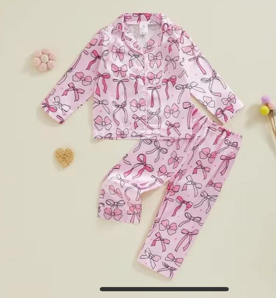 Pink Thick Bow 2-Piece Button Down Silk Pajama Set