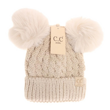  Kids Solid Cable Knit Double Pom CC Beanie- Beige