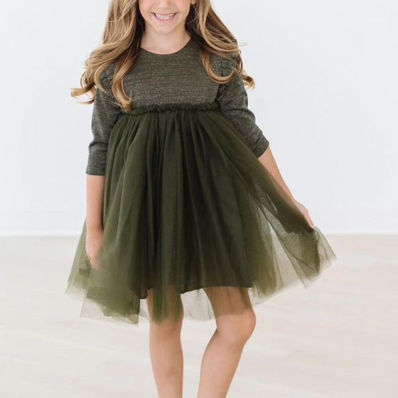 Olive Shimmer 3/4 Sleeve Tutu Dress