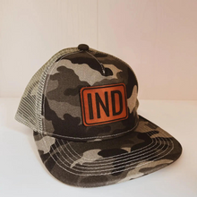  IND Leather Patch on Gray Camo Trucker Hat