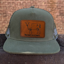  "Raised in a barn Cow" Mesh Back Trucker Hat- Olive Dab