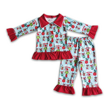  Blue Ruffle Grinch Face Long Sleeve Pajama