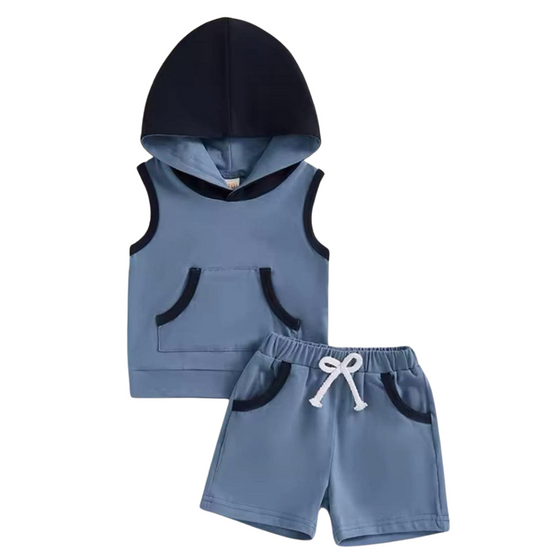 Blue Hooded Tank Top + Short Set
