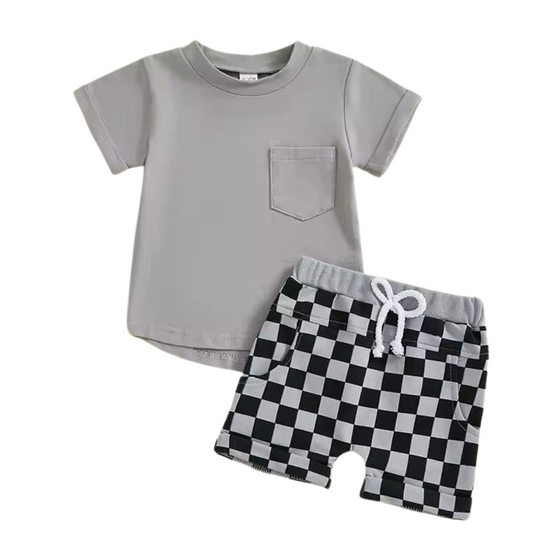 Checkered Print Pant + Shirt Set Grey