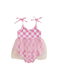  Pink Checkered Lace Tank Romper