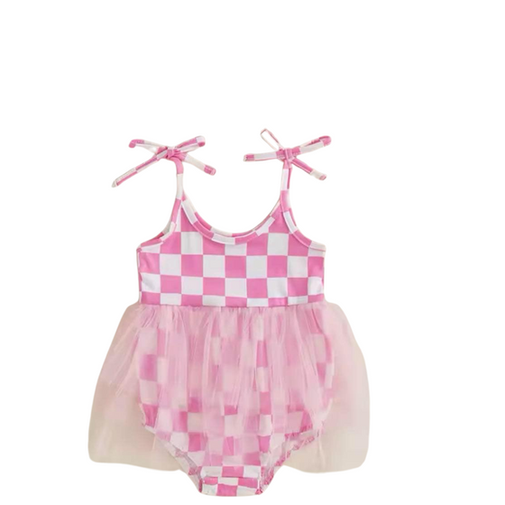 Pink Checkered Lace Tank Romper