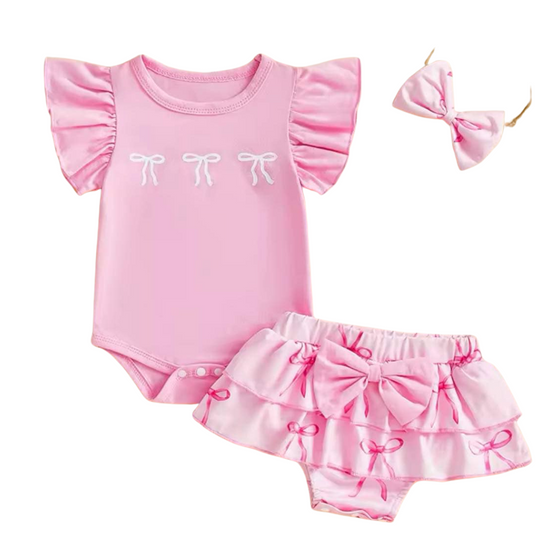 Pink Bow Ruffle Top, Ruffle Skirt, & Bow