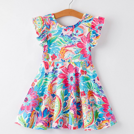 Colorful Floral Print Ruffled Sleeves Girls Dress: