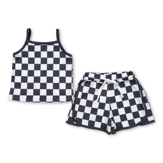 Black Strap Tank Plaid Shirt & Short Set