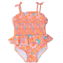  Coral Floral Peplum Smocked Bodice One Piece Swimsuit