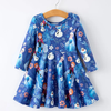 Blue Christmas Character Print Long Sleeve Girls Dress