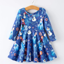  Blue Christmas Character Print Long Sleeve Girls Dress