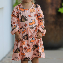 Thanksgiving Day Turkey Pie Print Ruffle Sleeve Fun Dress