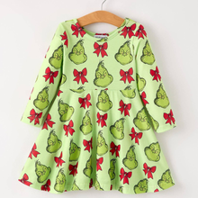 Winter Christmas Tree Bow Character Print  Green Girls Dress