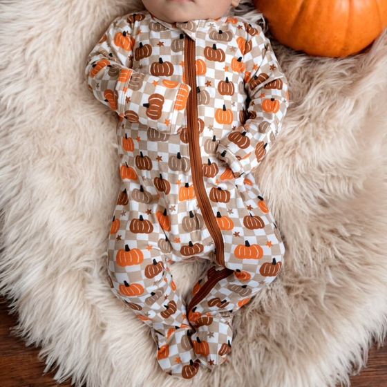 2-Way Zip Footie, Pumpkin Checkerboard