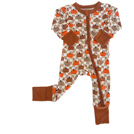 2-Way Convertible Zip Romper, Pumpkin Checkerboard