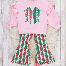  Christmas Bow Embroidered Ruffle Bell Bottom Outfit